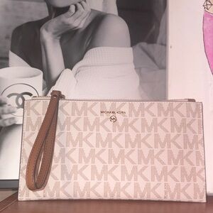 Michael Kors Monogram Wristlet Clutch in Cream and Tan